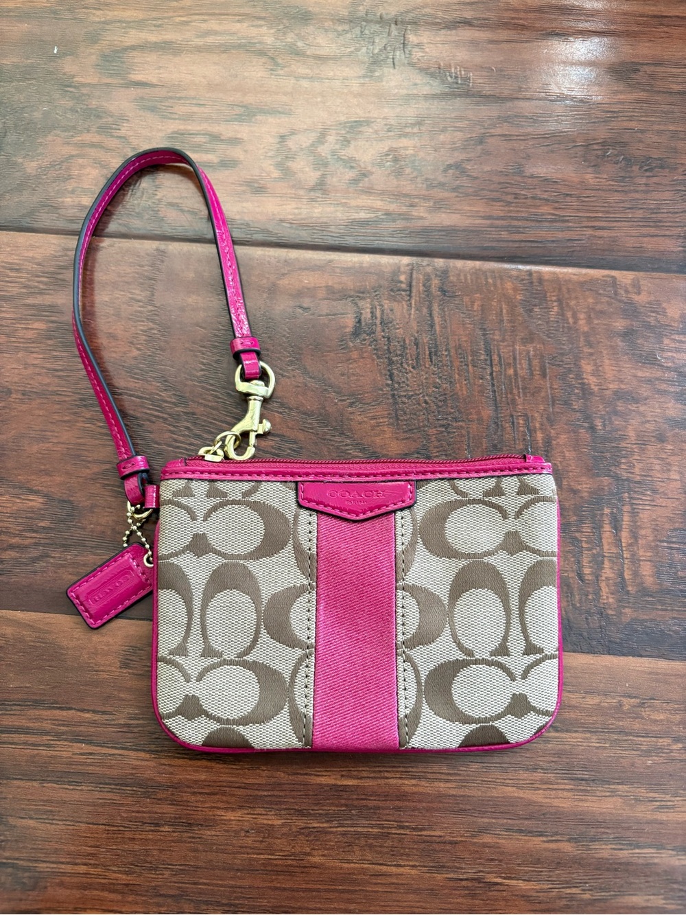 Coach Pink-Trim Signature Canvas Wristlet